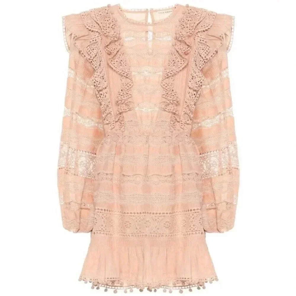 Ulla Johnson Jolie Ruffle Long Sleeve Mini Dress Womens Size 6 Eyelet Crochet - Picture 2 of 11
